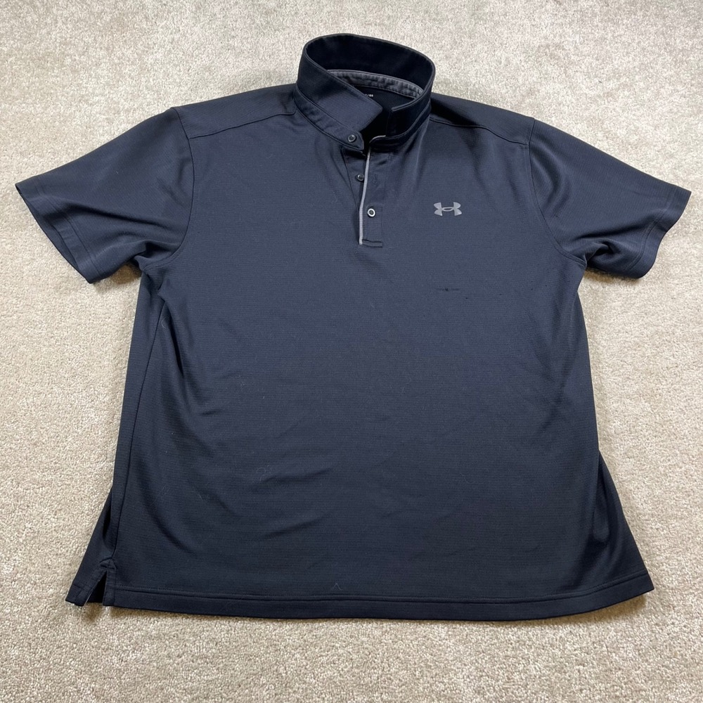 Under Armour Polo Shirt Mens XL Navy Blue Loose Fit Mock Neck Short Sleeve